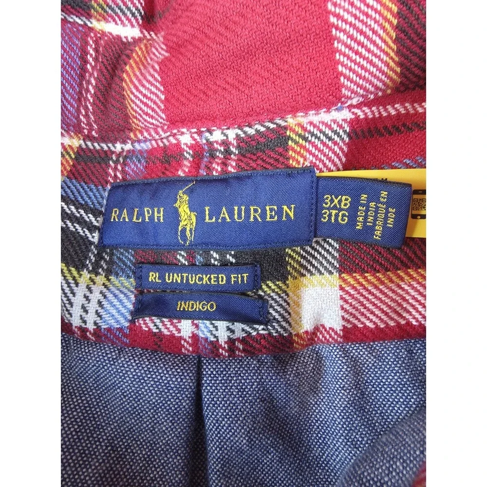 Polo Ralph Lauren Flannel Shirt Men 3XB Red Plaid Indigo RL Untucked Fit